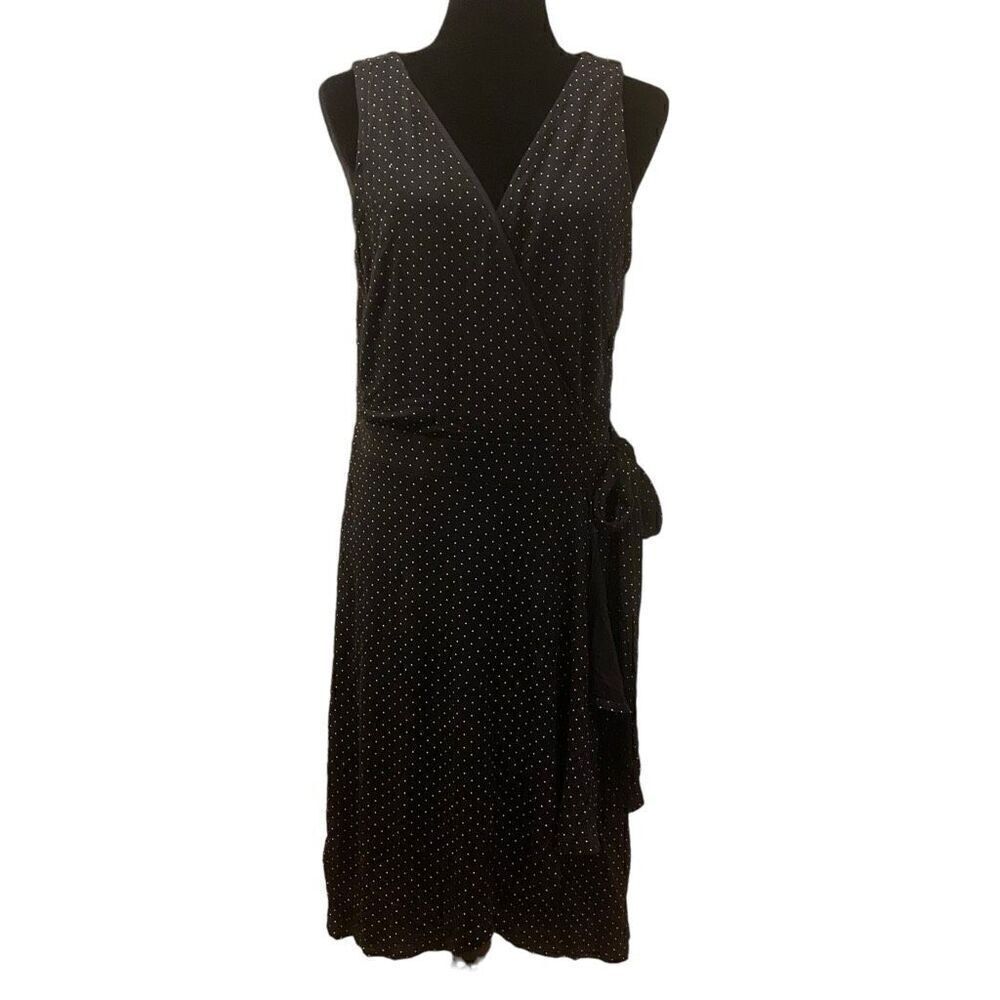 LOFT‎ Black Polka Dot Sleeveless Wrap Dress Size L
